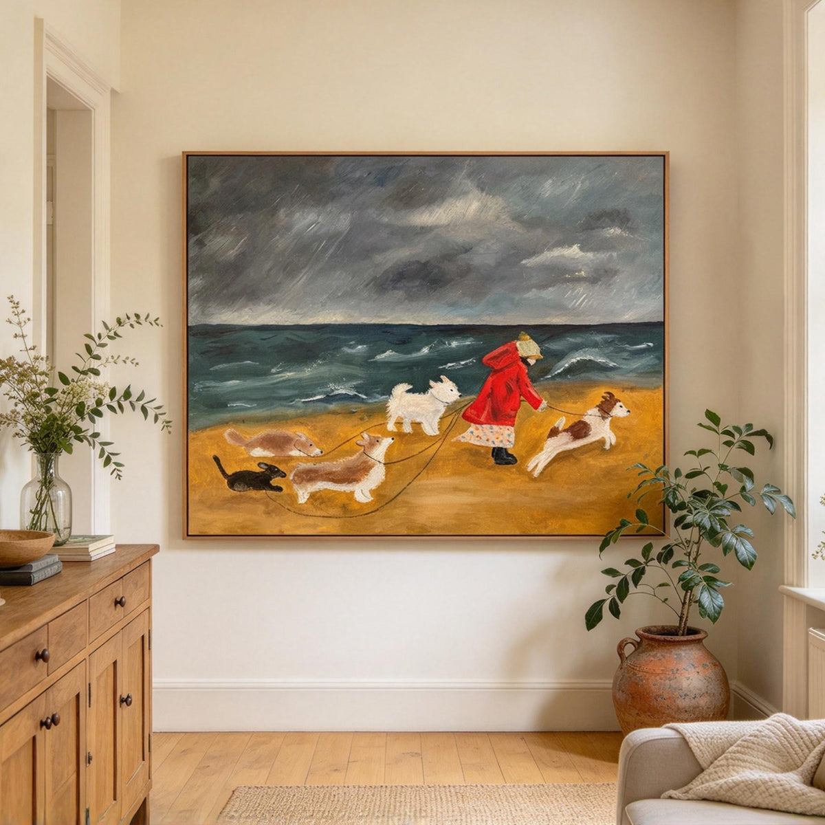 Dog Walk by the Sea Wall Art #AN027
