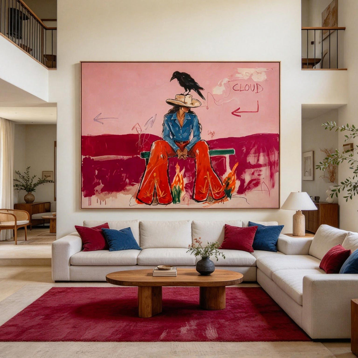 Pink Cowgirl & Crow Western Oil Painting #CA013