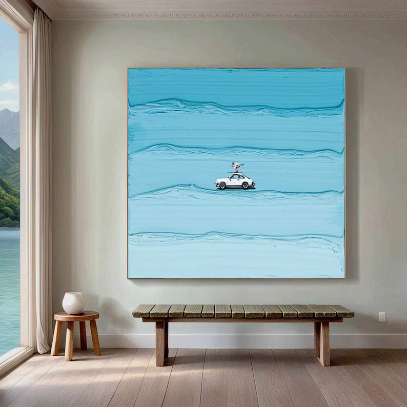 Open Road Textured Canvas Wall Art — Minimalist Car Painting on Sky Blue #PP004
