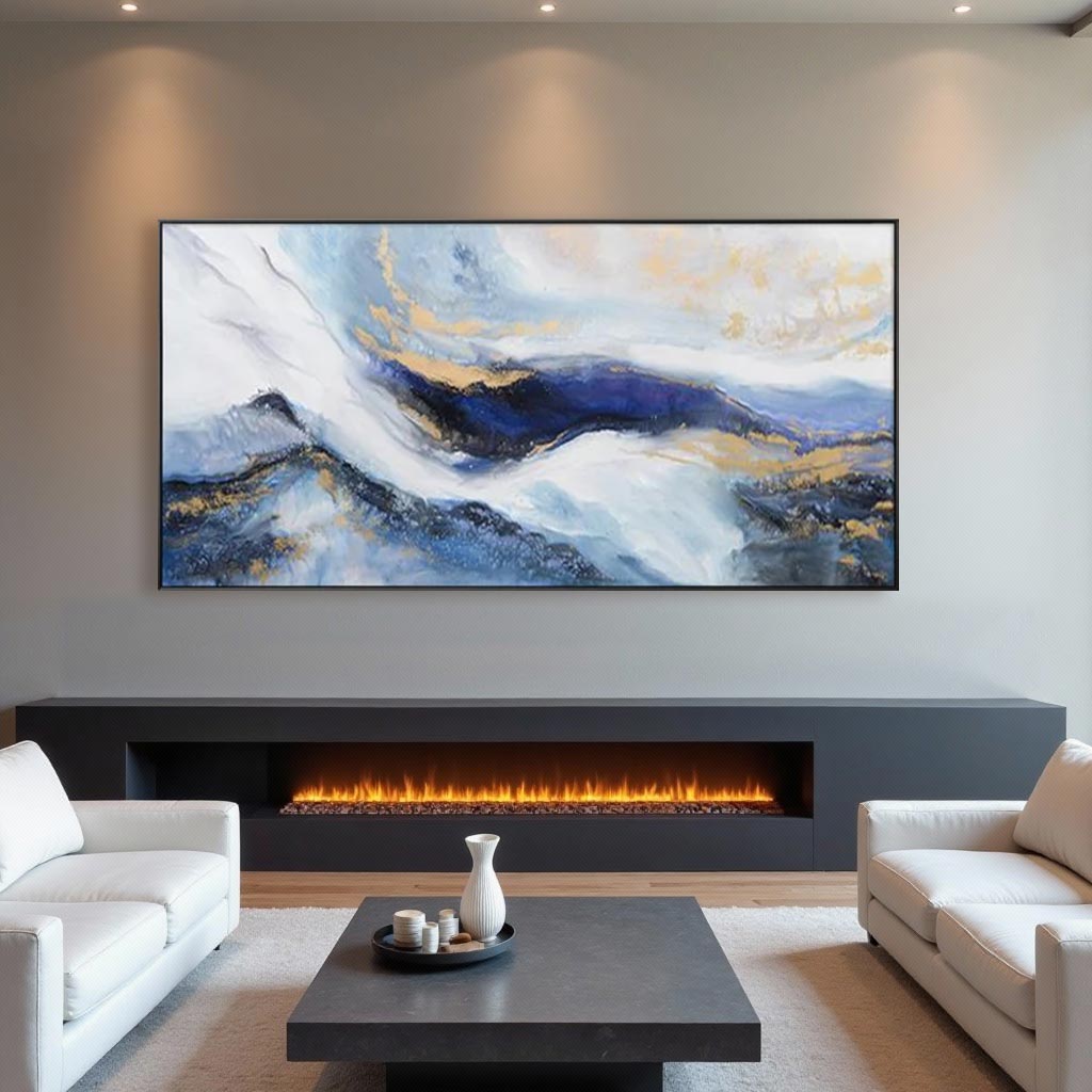 Modern Abstract Blue & Gold Landscape Oil Painting #AT041