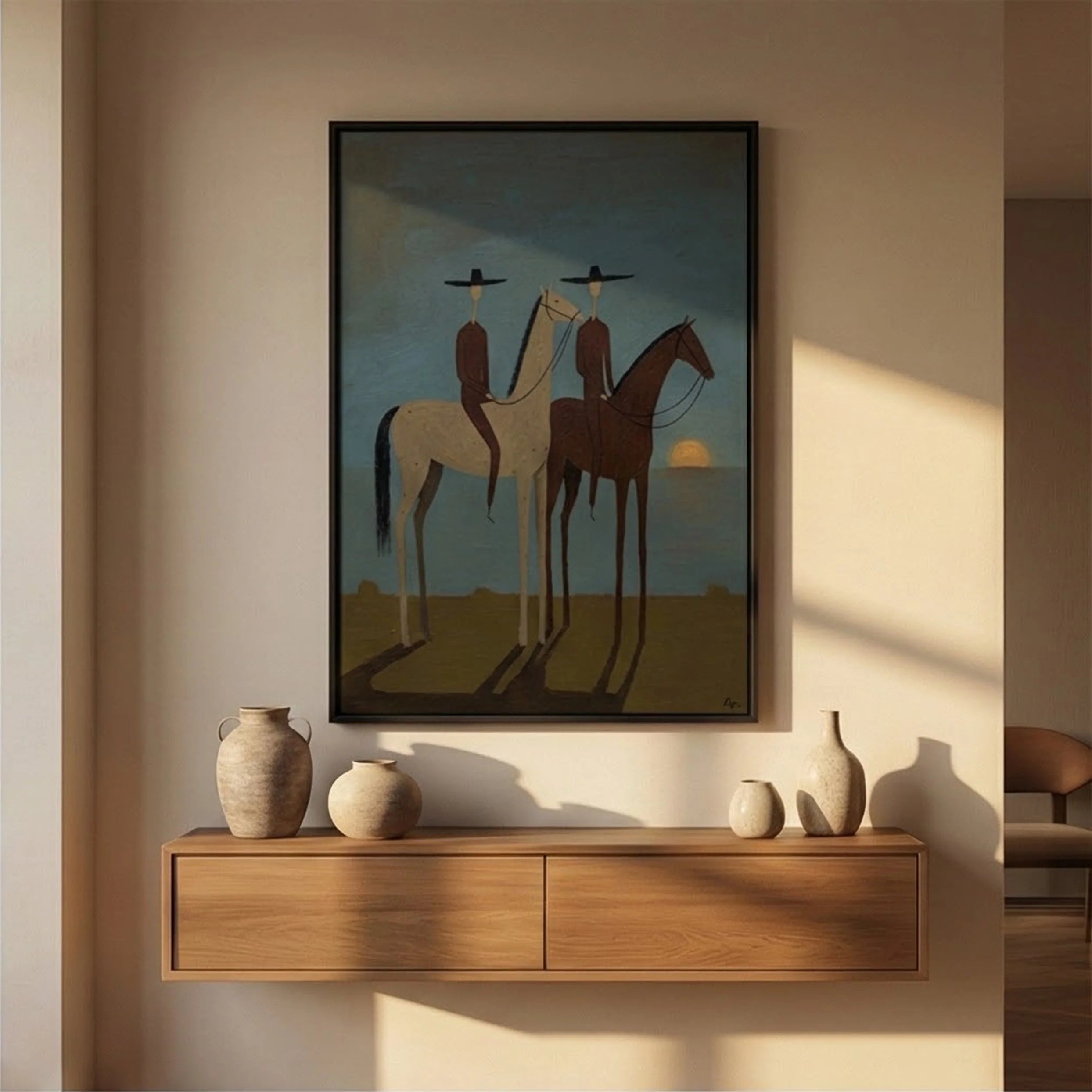 SunSet Horse Riders Wall Art – Modern Equestrian Canvas Painting #HA200