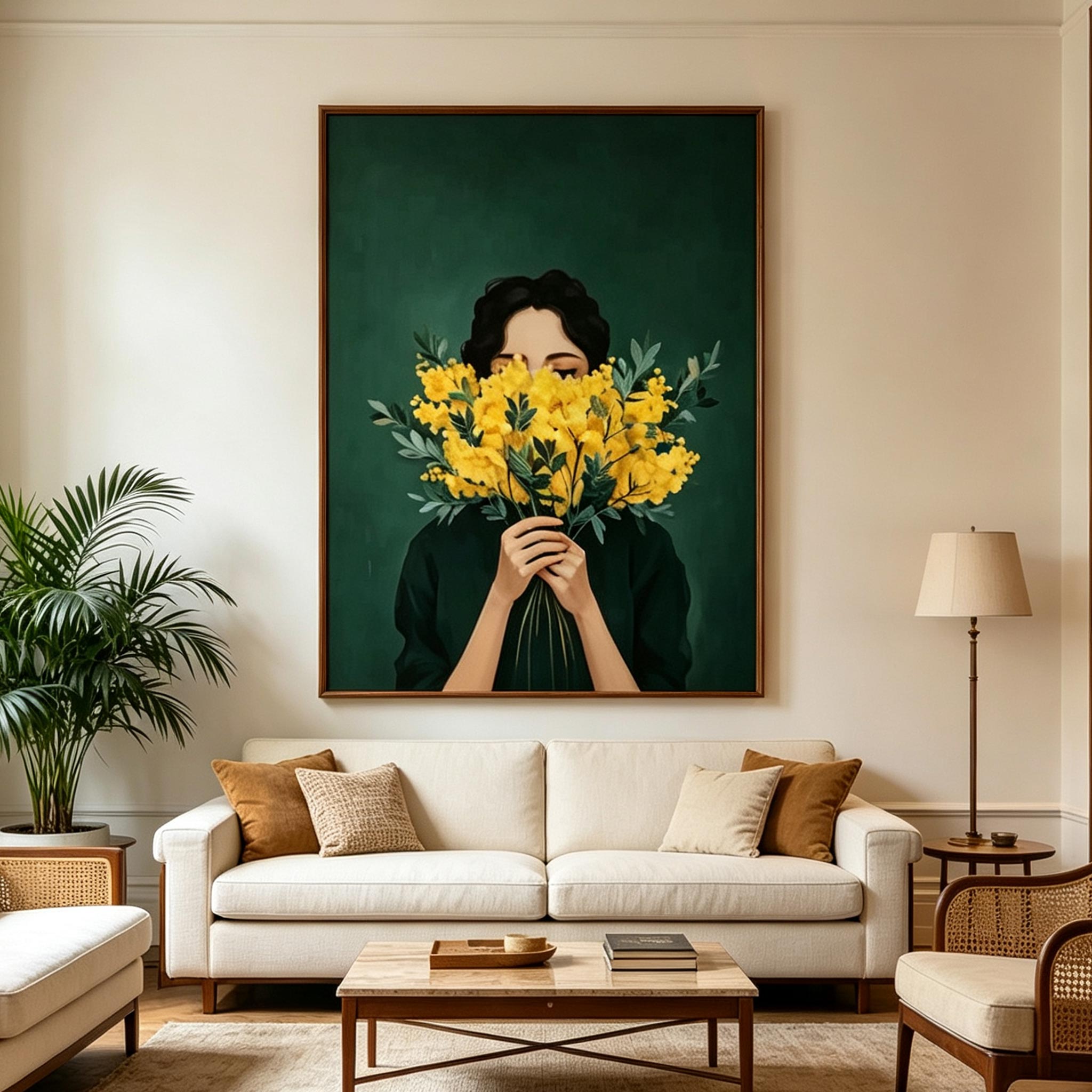 Behind the Mimosa – Modern Illustrative Floral Portrait Painting #CP067