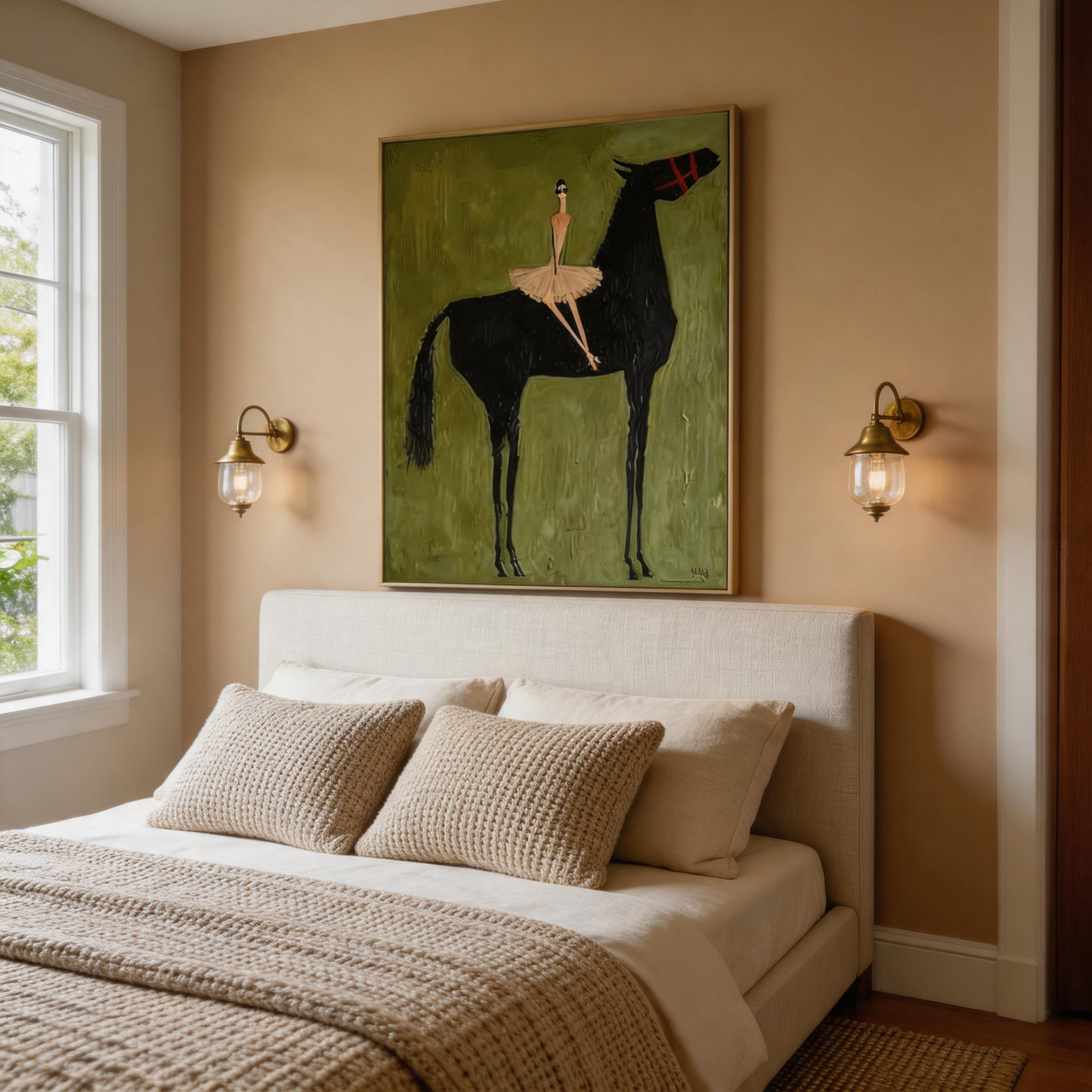 The Ballerina & the Black Horse — Whimsical Folk Art Canvas Wall Art #HA030