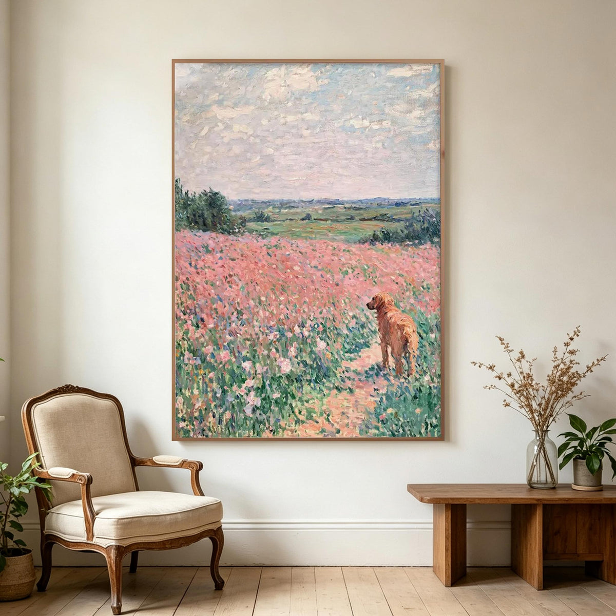 Dog in Pink Wildflower Meadow Wall Art #AN017