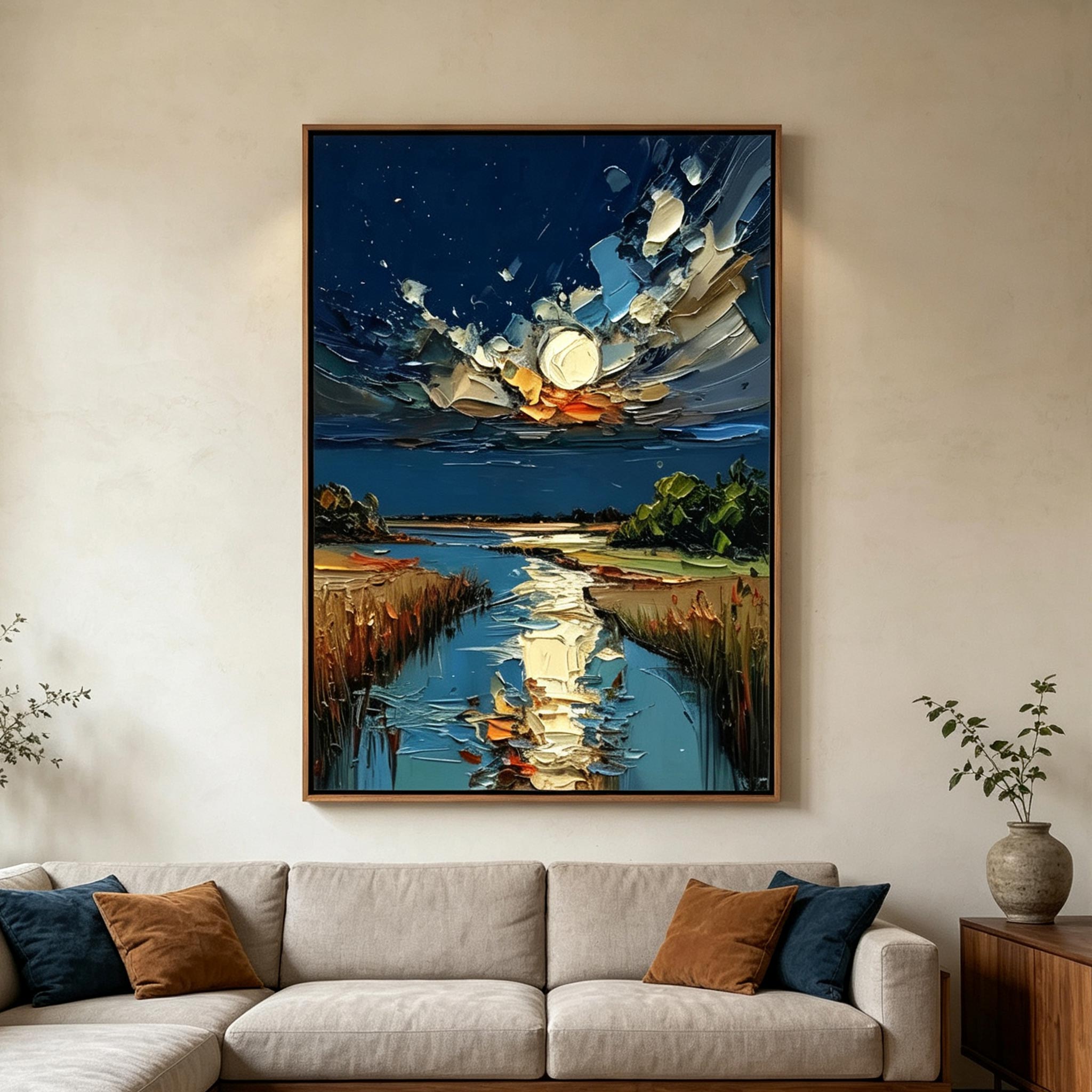 Moonlit River – Heavy Impasto Landscape Painting #LP001