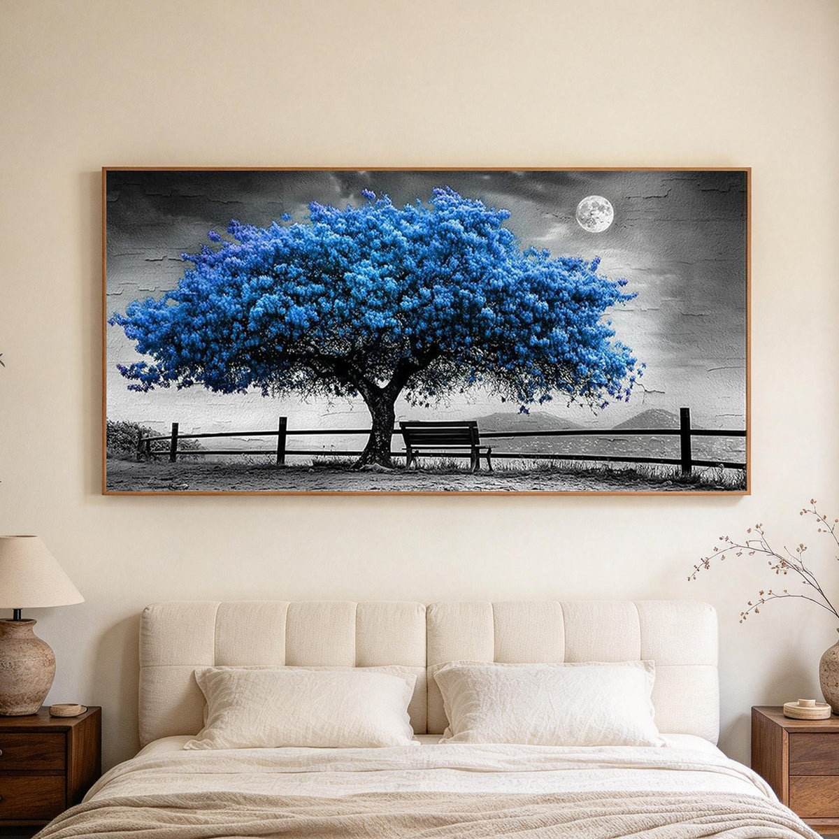 Blue Blossom Tree Under Moonlight Wall Art #LS080