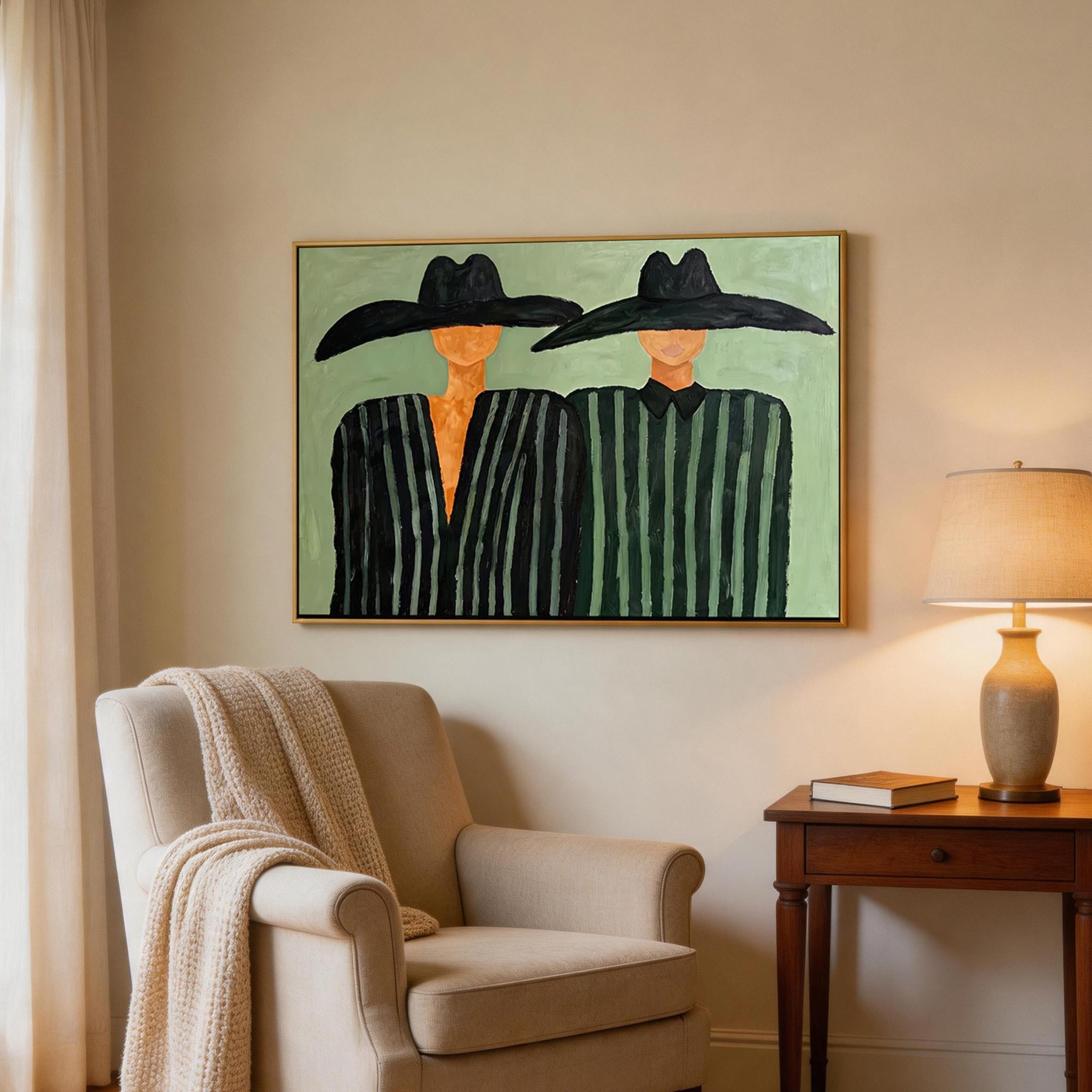 Hat & Stripe — Bold Duo Figure Canvas Wall Art, Mint Green #CP059