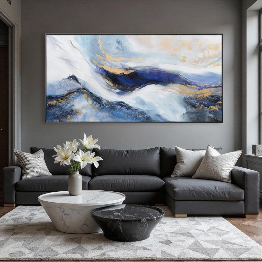 Modern Abstract Blue & Gold Landscape Oil Painting #AT041