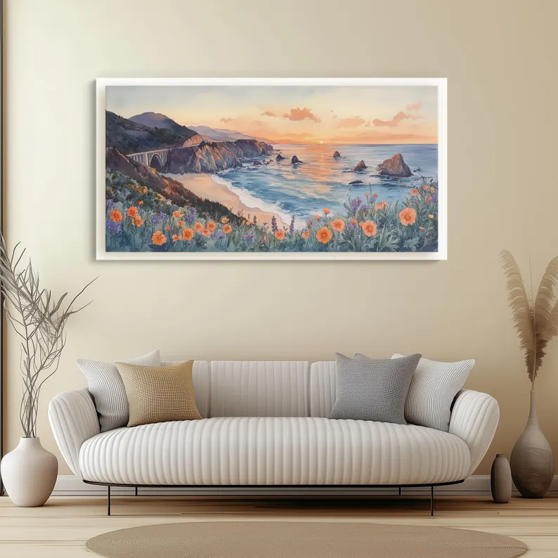 Coastal Sunset Wall Art – Large Ocean Landscape Canvas Painting #CP017