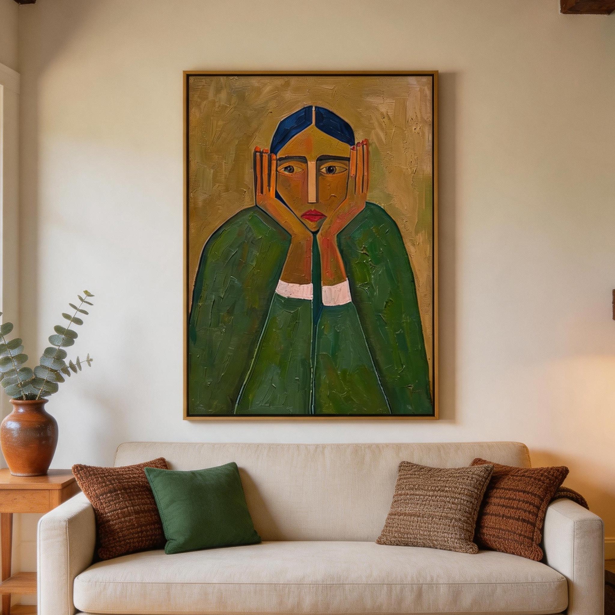 Seen — Frontal Woman Portrait Canvas Wall Art, Green & Gold #GT011