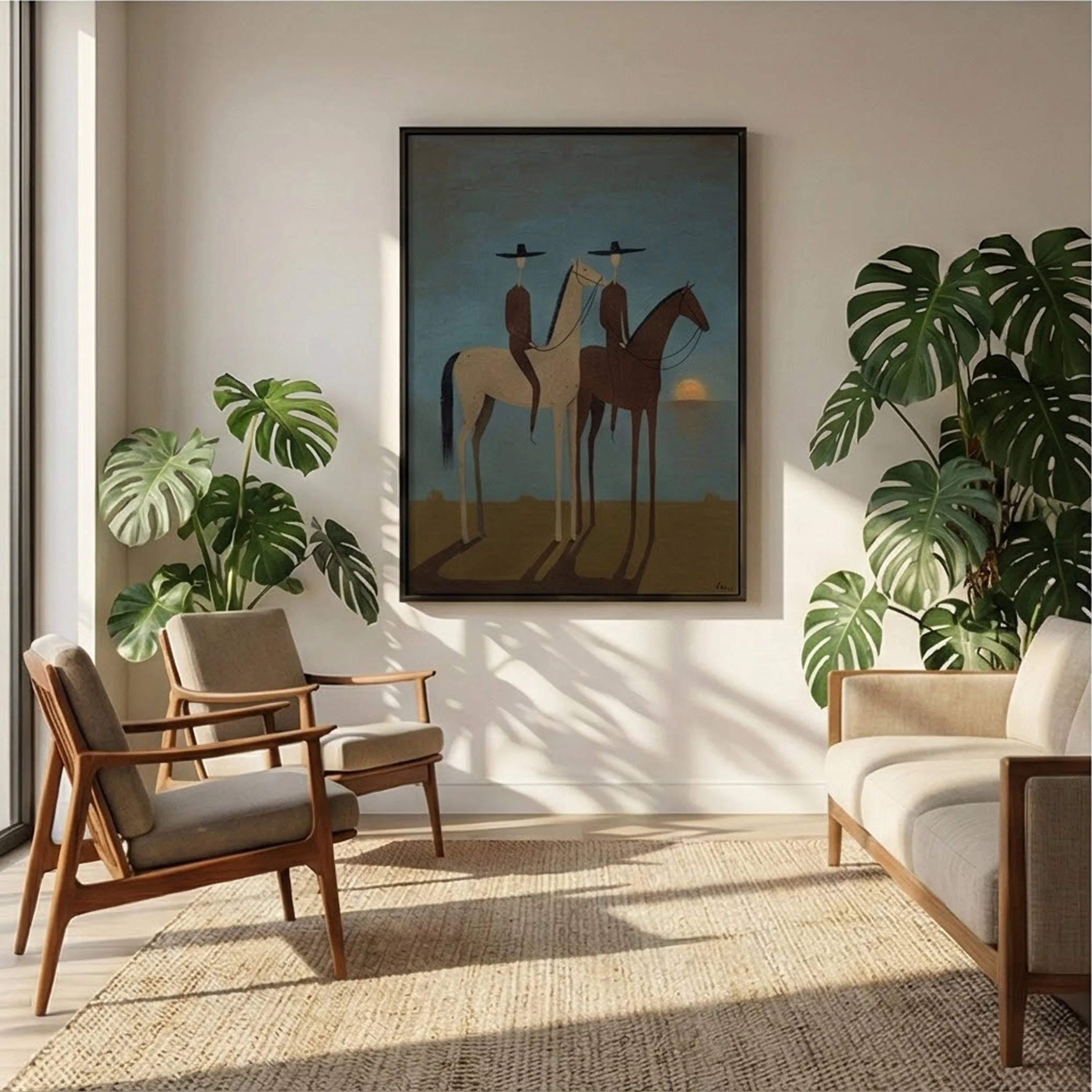 SunSet Horse Riders Wall Art – Modern Equestrian Canvas Painting #HA200