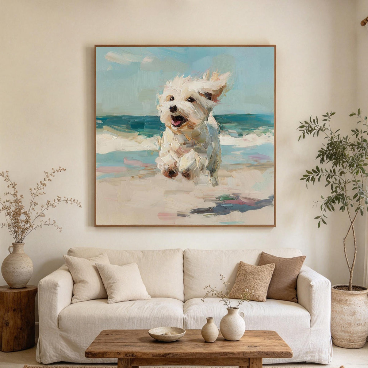 Running Westie on the Beach Wall Art #AN023
