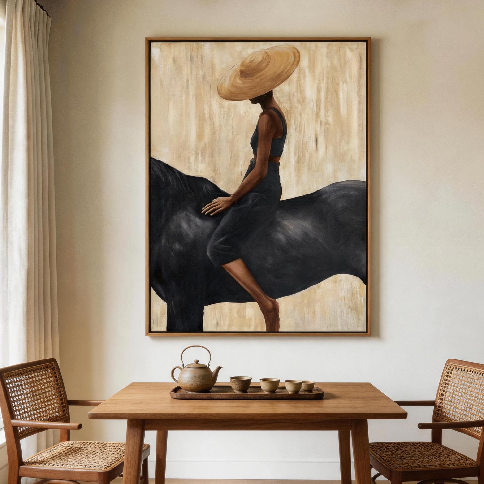 The Hat — Elegant Woman Figure Canvas Wall Art in Black & Gold #HA036