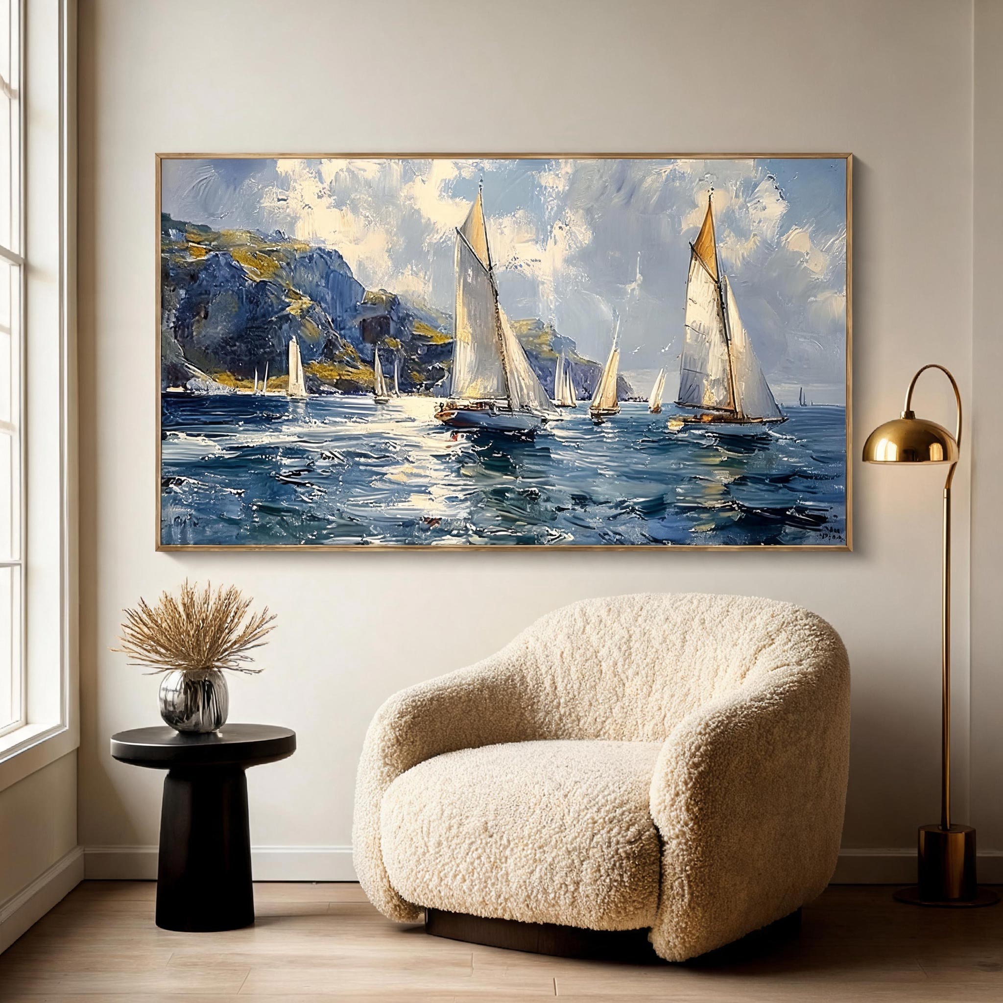 Fair Wind — Sailing Regatta Impasto Canvas Wall Art, Blue & Gold #GT012