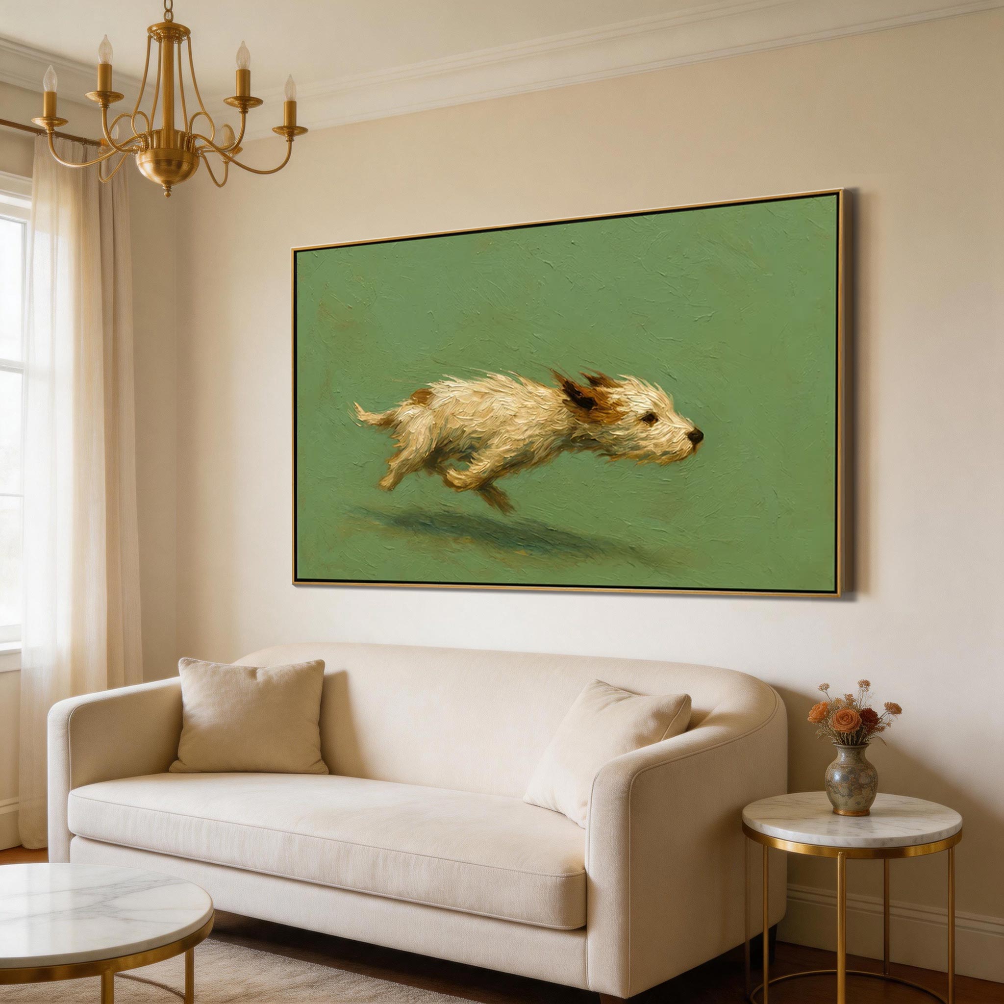 Full Speed — Running Terrier Impasto Canvas Wall Art on Sage Green #CP056