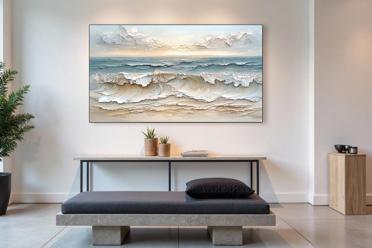 Textured Ocean Wave Wall Art Canvas – Soft Neutral Coastal Seascape Painting #GT002
