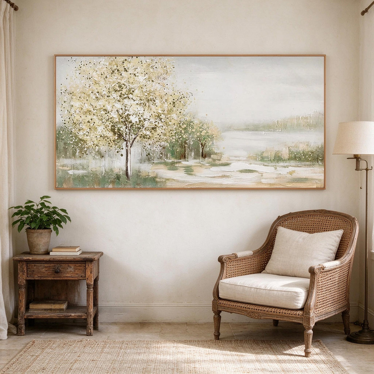 Soft Neutral Lakeside Trees Landscape Wall Art #LS070