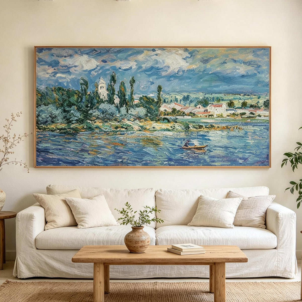 Impressionist Riverside Village Landscape Wall Art #LS068
