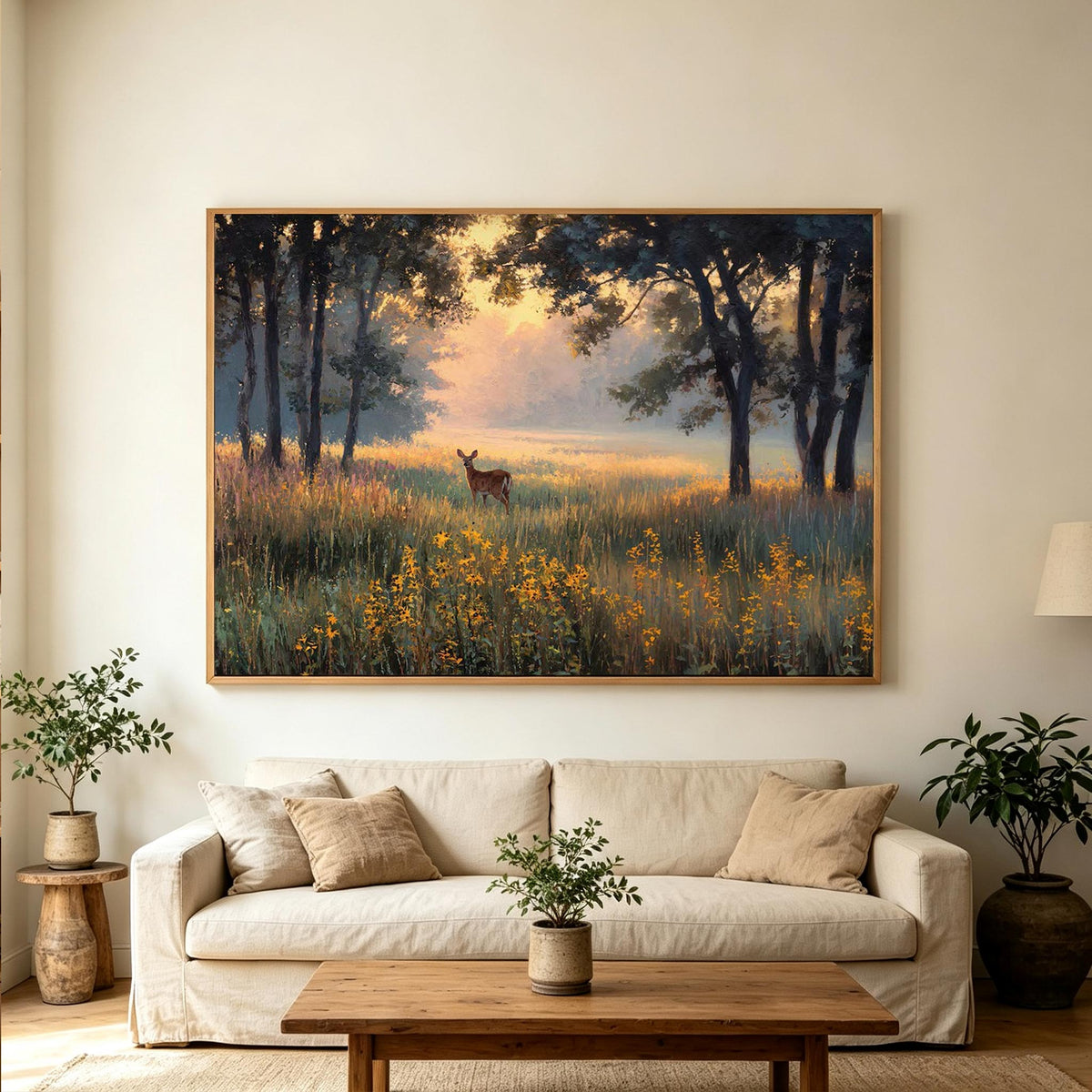 Deer in Golden Woodland Landscape Wall Art #AN003