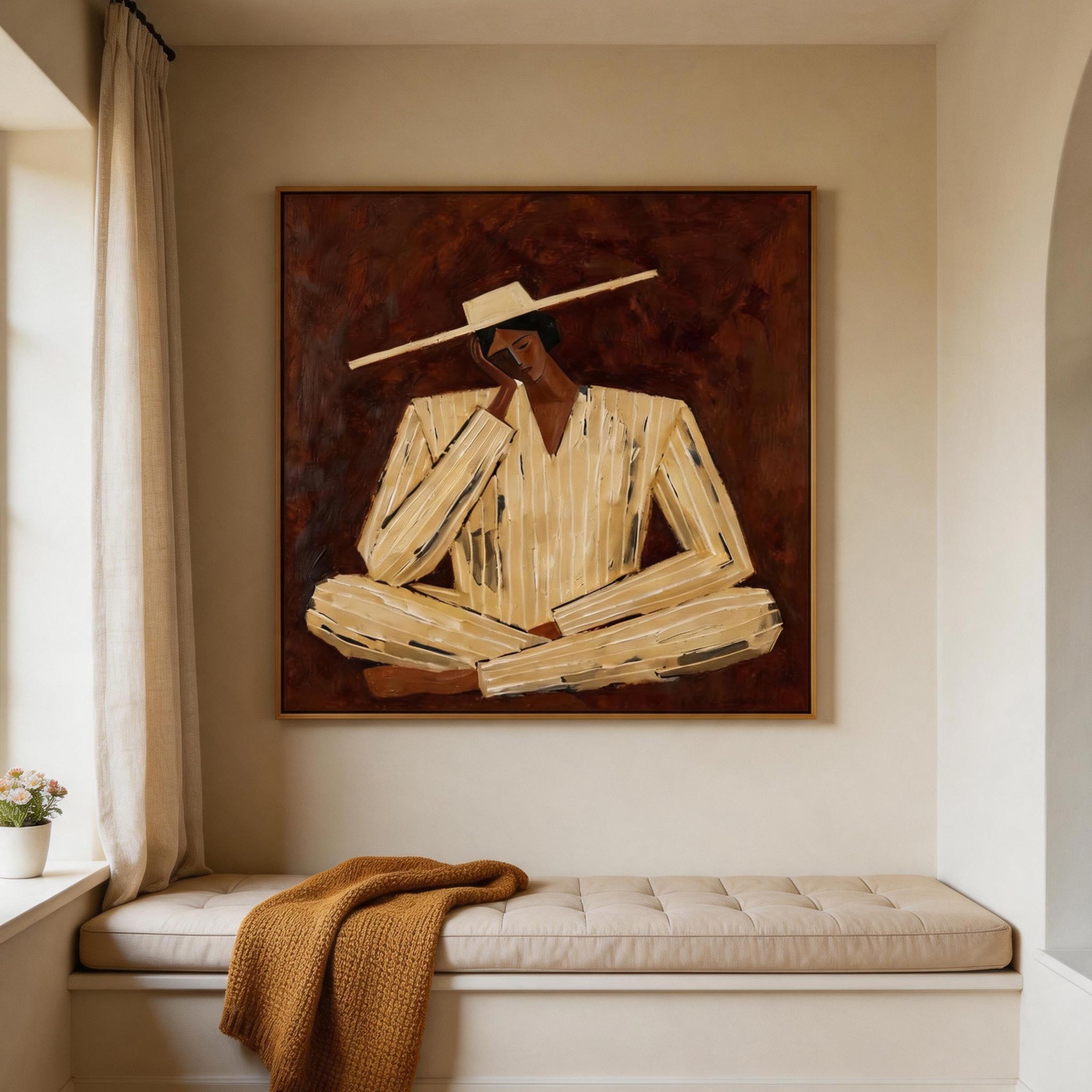 Still — Seated Figure in Wide Hat Canvas Wall Art, Ochre & Oxblood #CP058