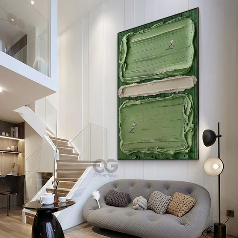 Vertical Textured Abstract Wall Art with Figures – Olive Green Canvas #CP021