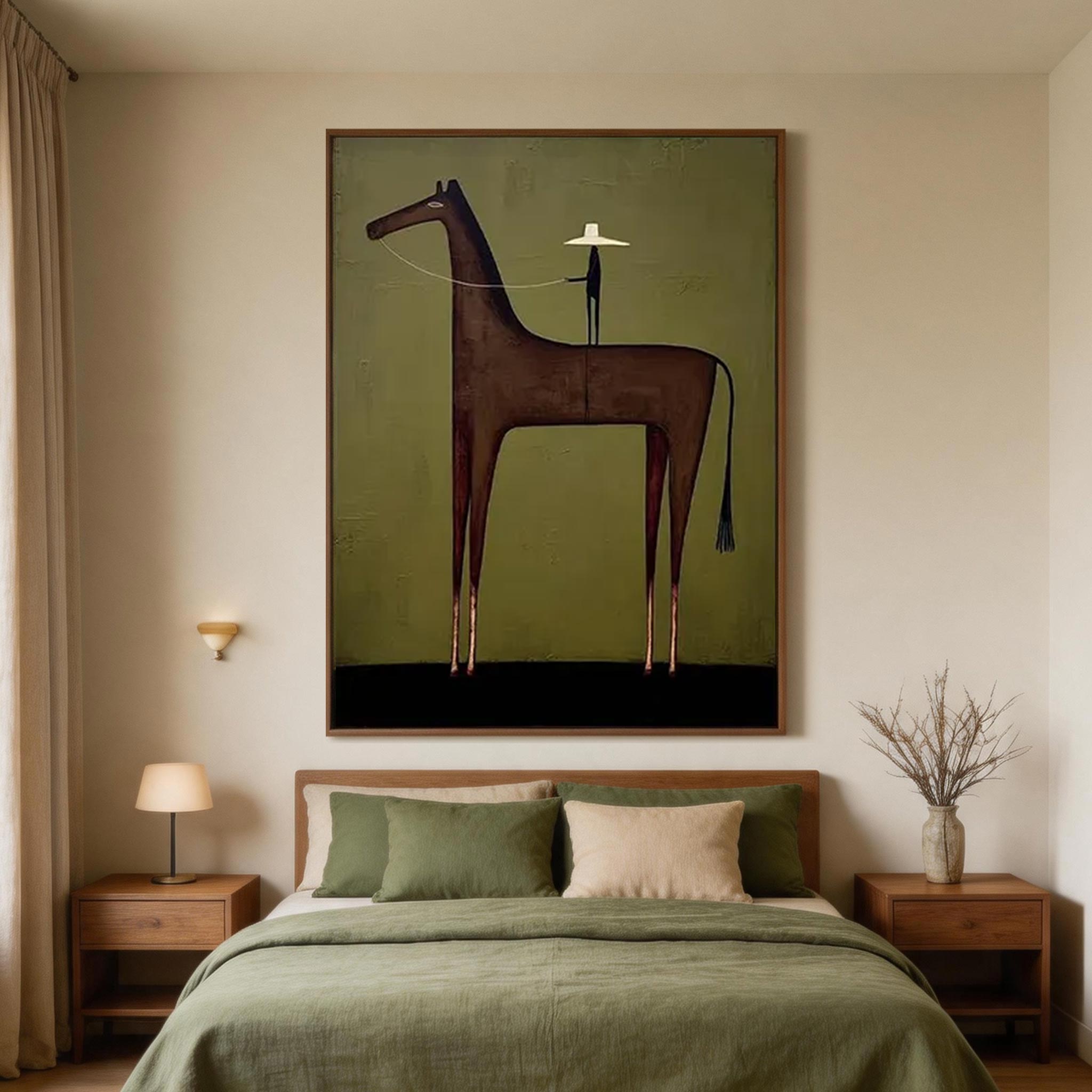 The Wrangler — Dark Horse & Hat Rider Folk Art Canvas Wall Art #HA038