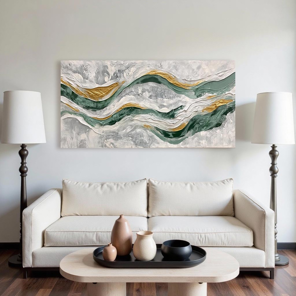 Abstract Green & Gold Wave Wall Art – Modern Textured Panoramic Painting #GT001
