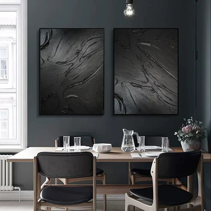 Black Plaster Art Minimalist Textured Painting Set of 2 #BT010