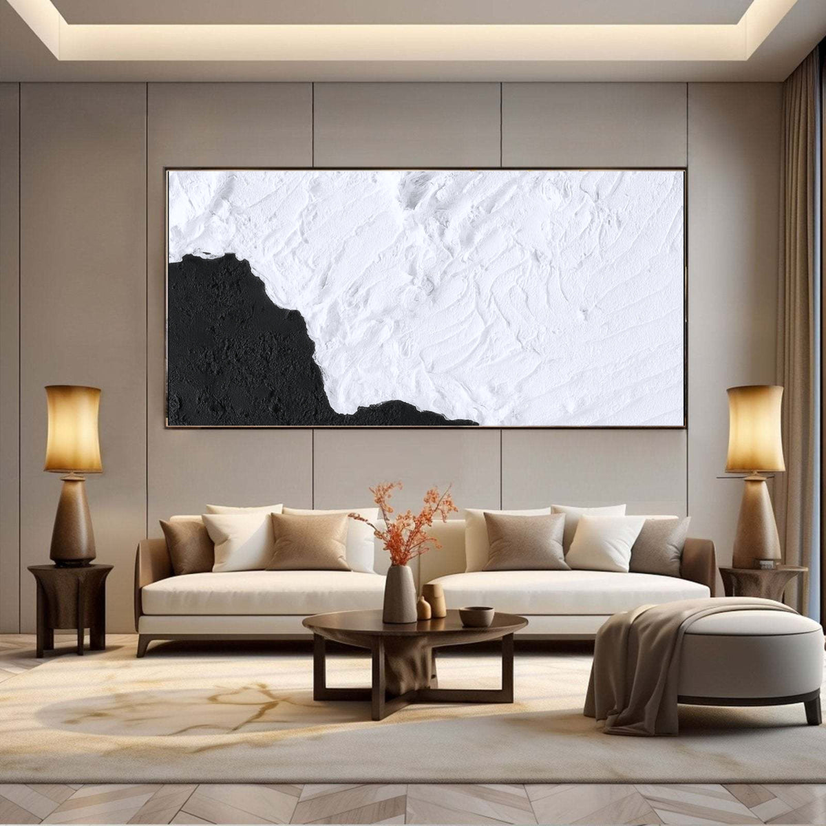 Large Black White Abstract Canvas Painting 3D Plaster Minimal Wall Art ...
