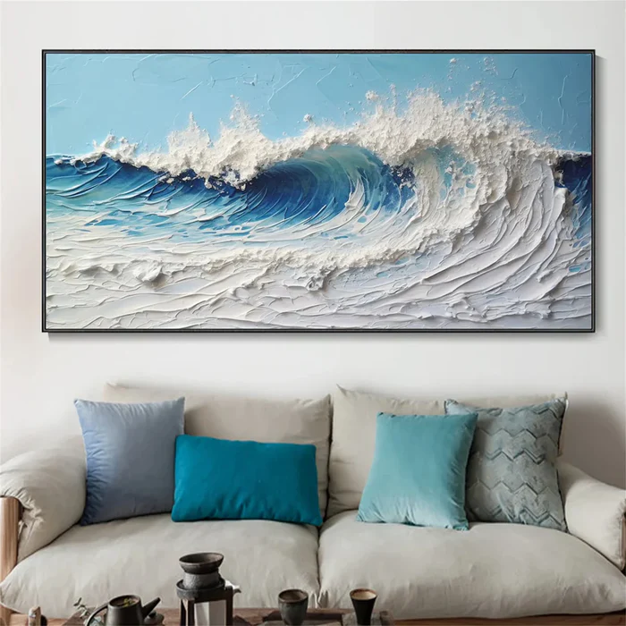 Large Blue And White Textured Wave Canvas Art Blue And White Ocean ...