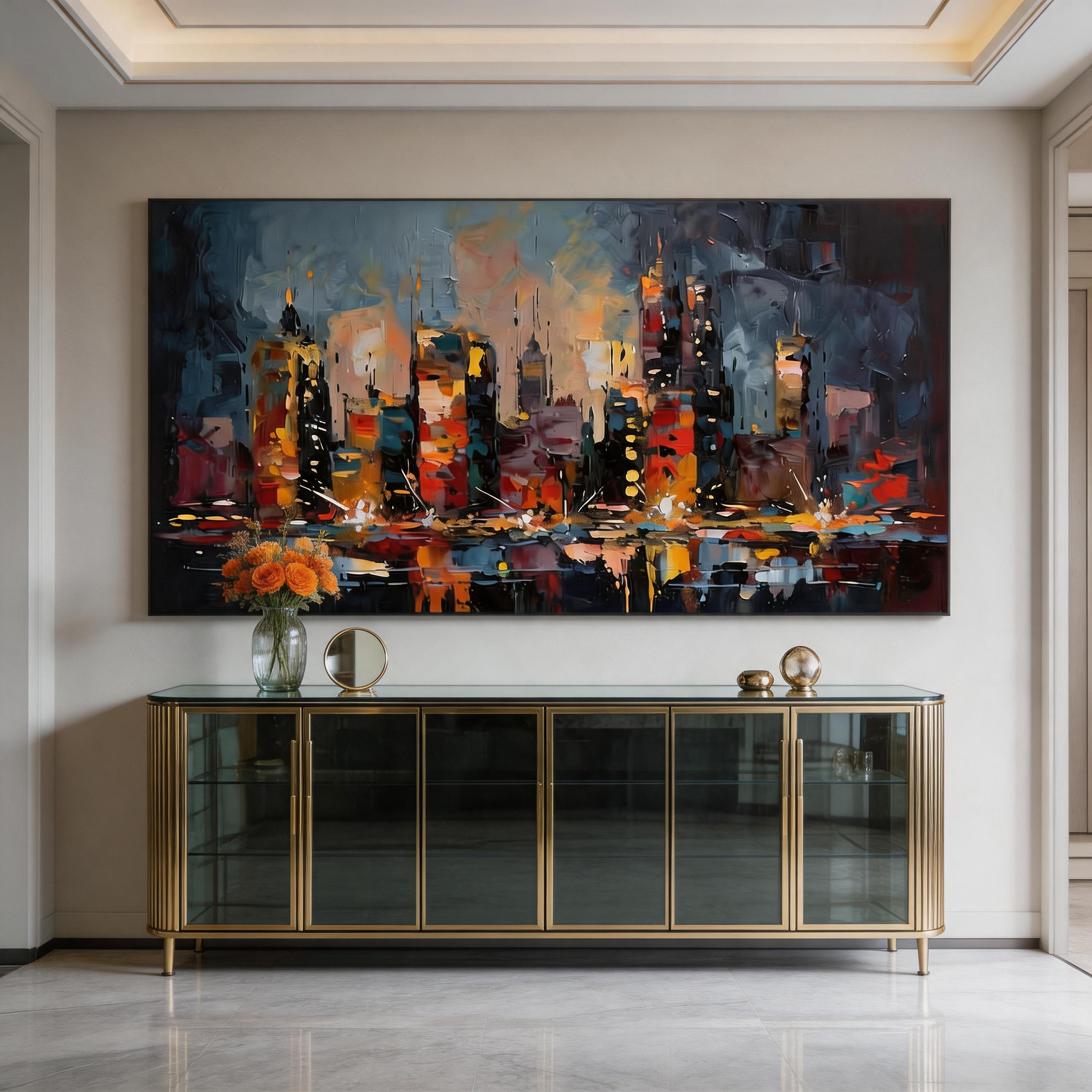 City on Fire — Abstract Night Skyline Impasto Canvas Wall Art #ML002