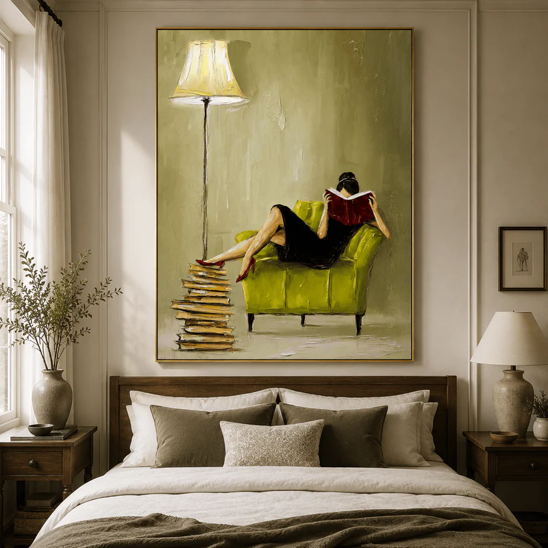 Woman Reading Textured Canvas Print — Framed Green Armchair Wall Art #CP066