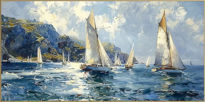 Fair Wind — Sailing Regatta Impasto Canvas Wall Art, Blue & Gold #GT012