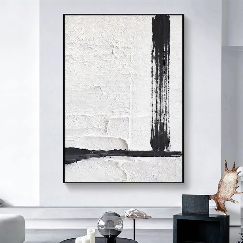 Black & White Minimalist Textured Canvas Painting — Original Large Abstract Wall Art #CP038