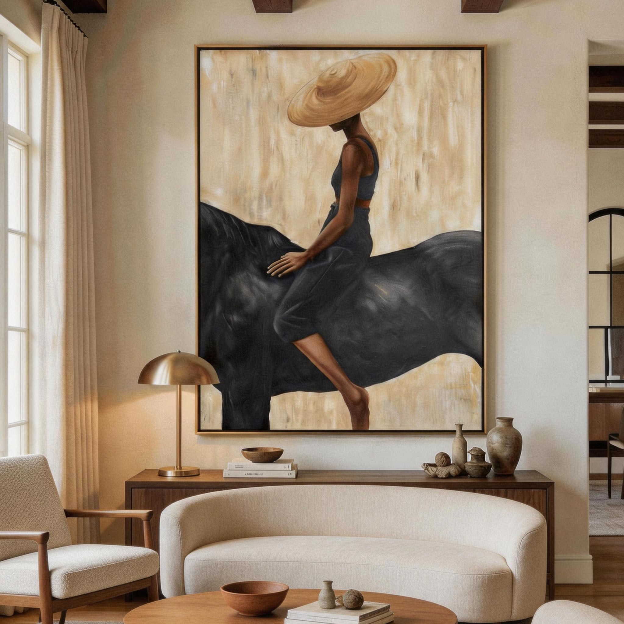 The Hat — Elegant Woman Figure Canvas Wall Art in Black & Gold #HA036