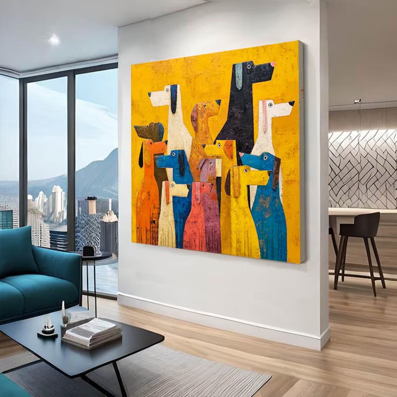 Abstract Colorful Dogs Canvas Painting — Original Whimsical Animal Wall Art #CP037