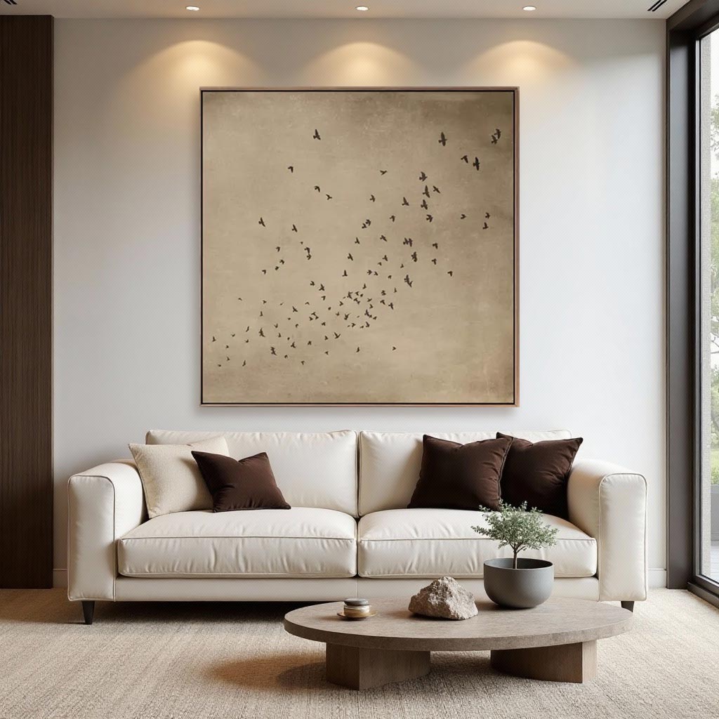 Minimalist Abstract Birds Oil Painting – Hand-Painted Neutral Wall Art #GT005