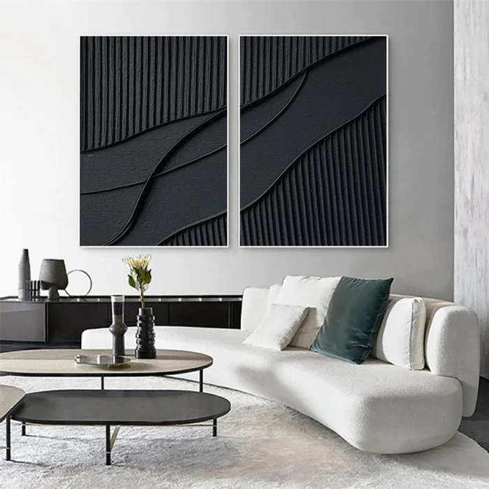 Black Plaster Art Minimalist Textured Painting Set of 2 #BT011