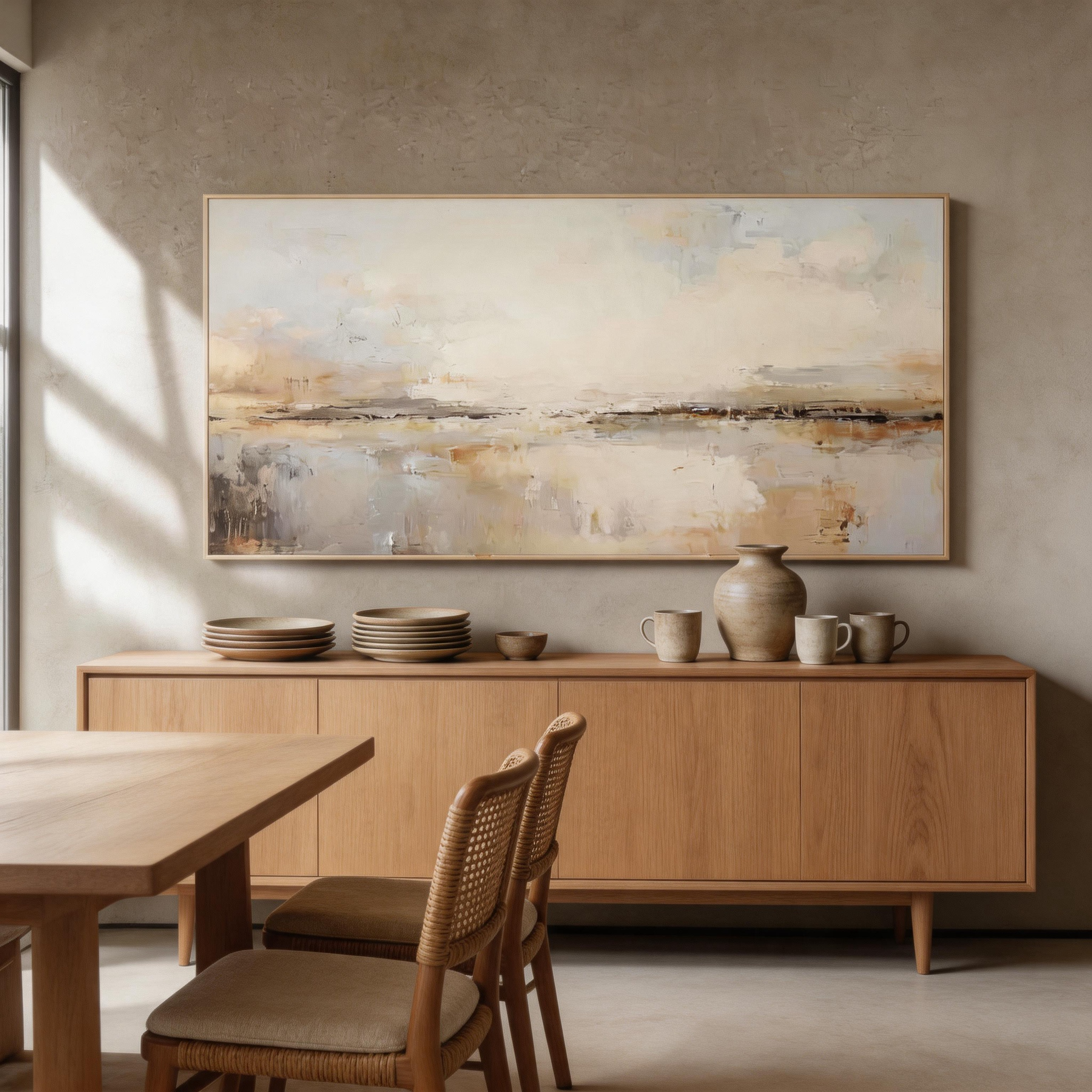 Soft Horizon — Abstract Landscape Canvas Wall Art in Warm Sand & Silver #CP047