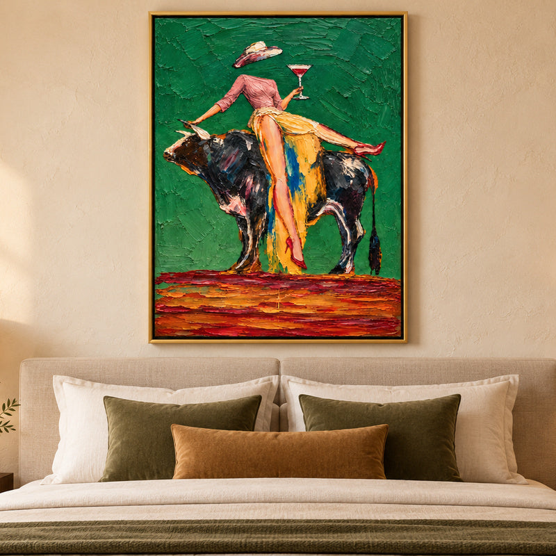 Cheers on the Bull – Heavy Impasto Whimsical Figurative Painting #CP082