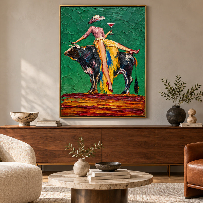Cheers on the Bull – Heavy Impasto Whimsical Figurative Painting #CP082