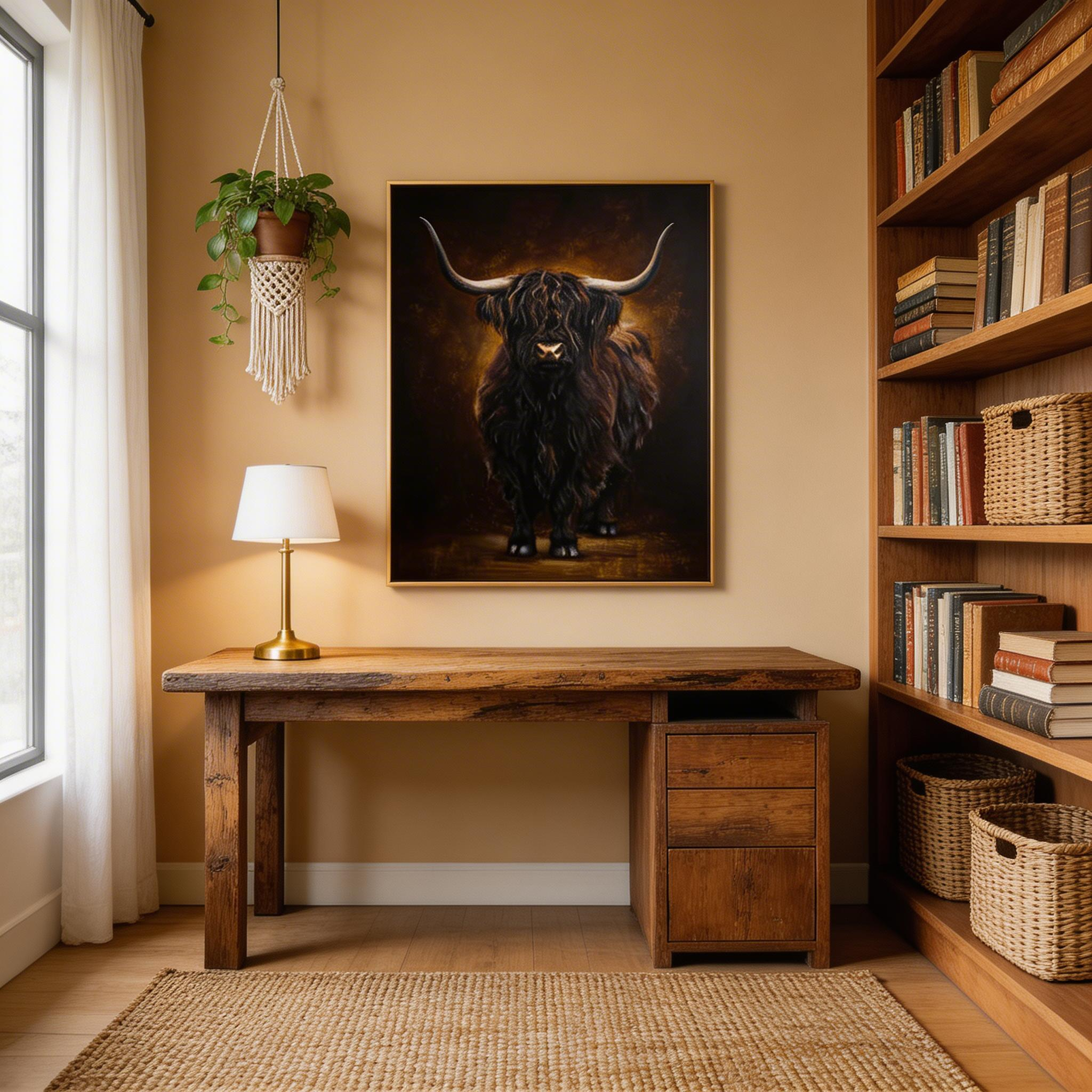Highland Cow Wall Art – Dark Rustic Animal Canvas Painting #CP023