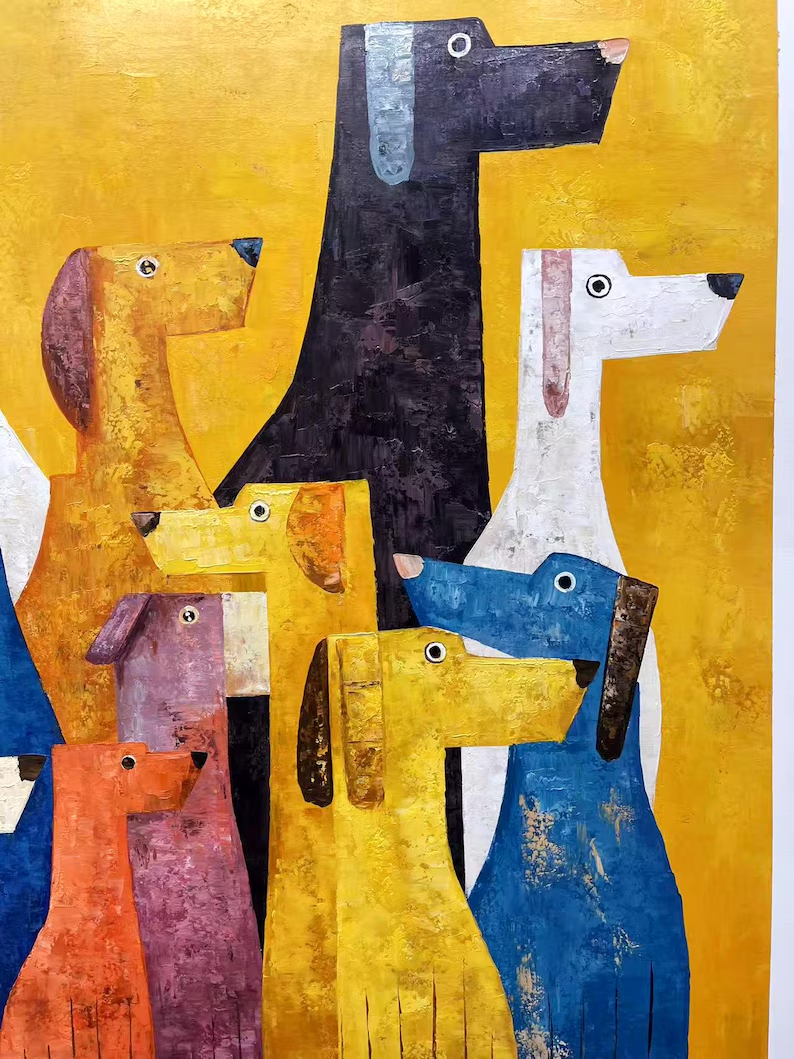 Abstract Colorful Dogs Canvas Painting — Original Whimsical Animal Wall Art #CP037