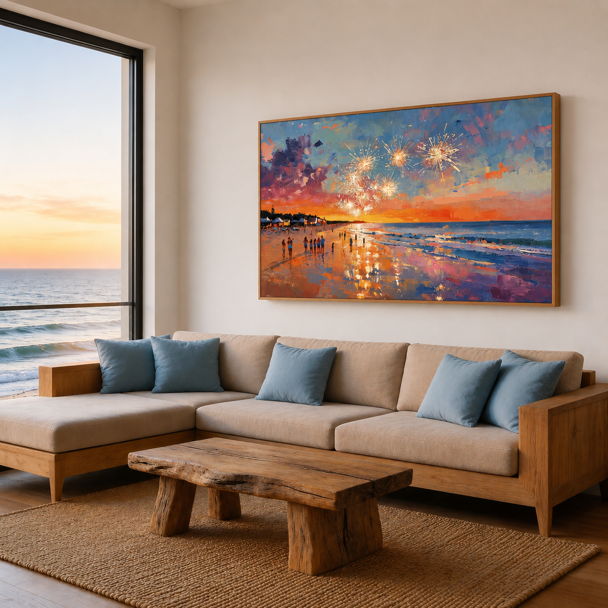 Beach Fireworks Canvas Wall Art #BC006