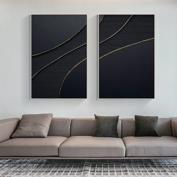 Black Plaster Art Minimalist Textured Painting Set of 2 #BT012