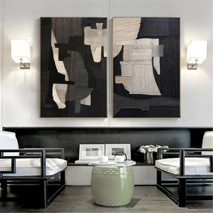 Black Plaster Art Minimalist Textured Painting Set of 2 #BT015