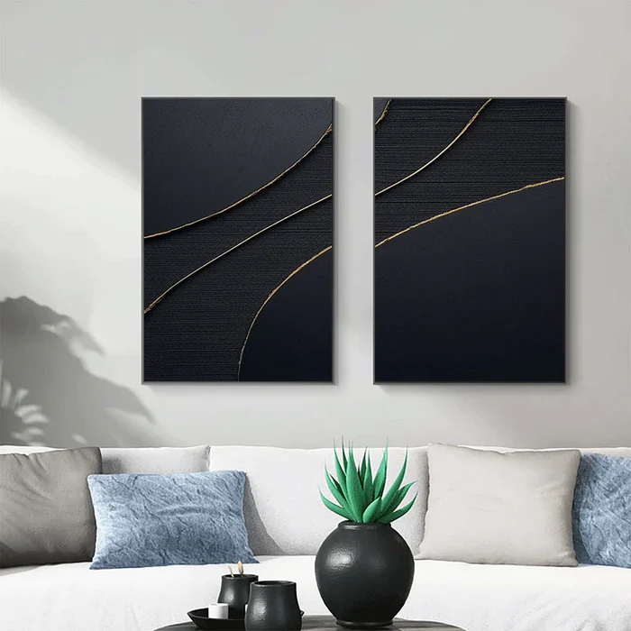Black Plaster Art Minimalist Textured Painting Set of 2 #BT012