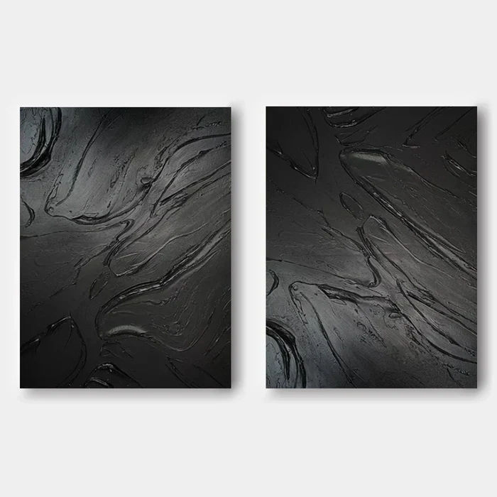 Black Plaster Art Minimalist Textured Painting Set of 2 #BT018