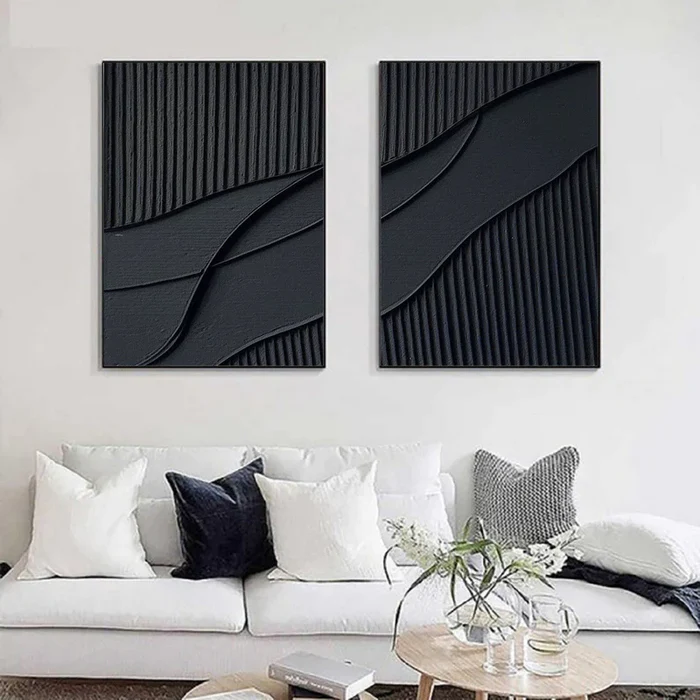 Black Plaster Art Minimalist Textured Painting Set of 2 #BT011