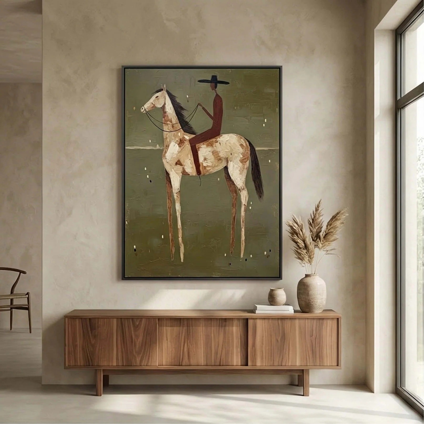 Minimalist Horse Rider Wall Art – Modern Equestrian Canvas Painting #HA020